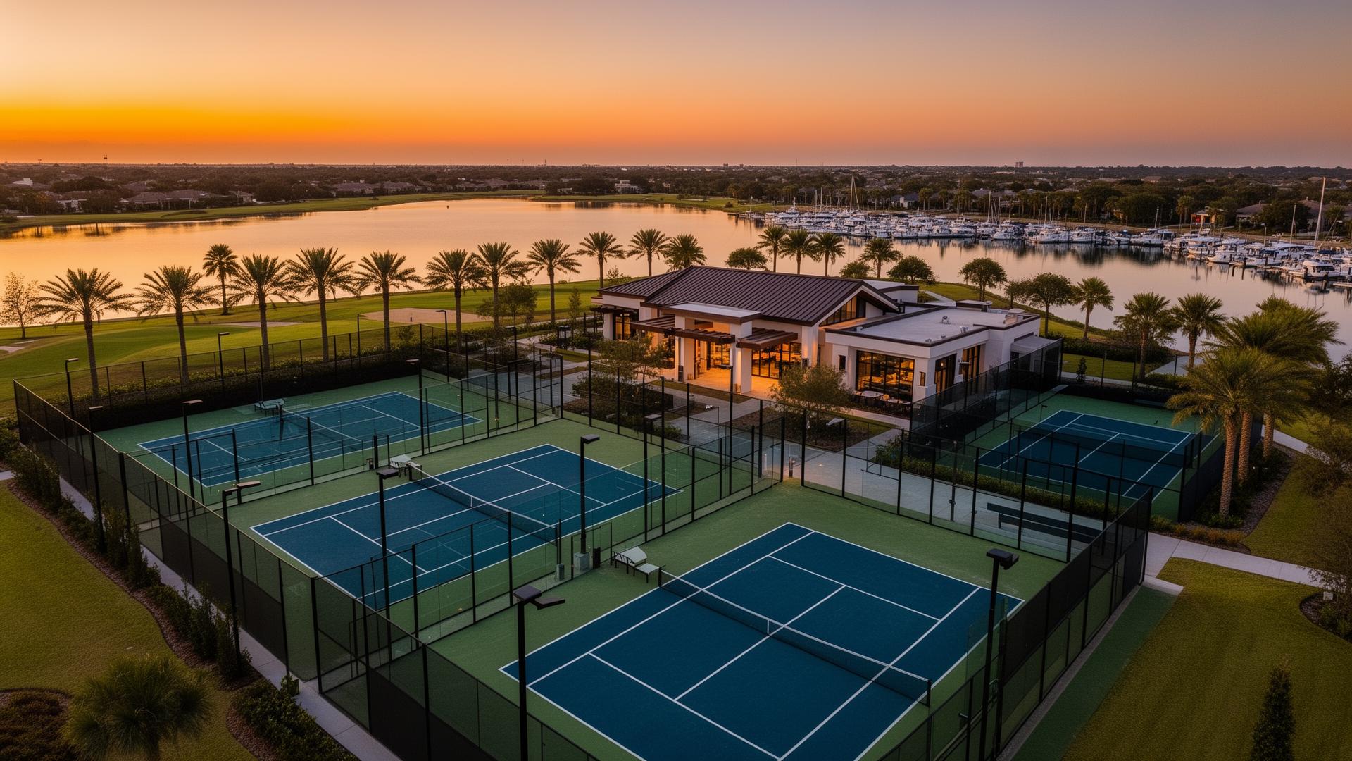South Shore Harbour Racquet Club concept — aerial at twilight