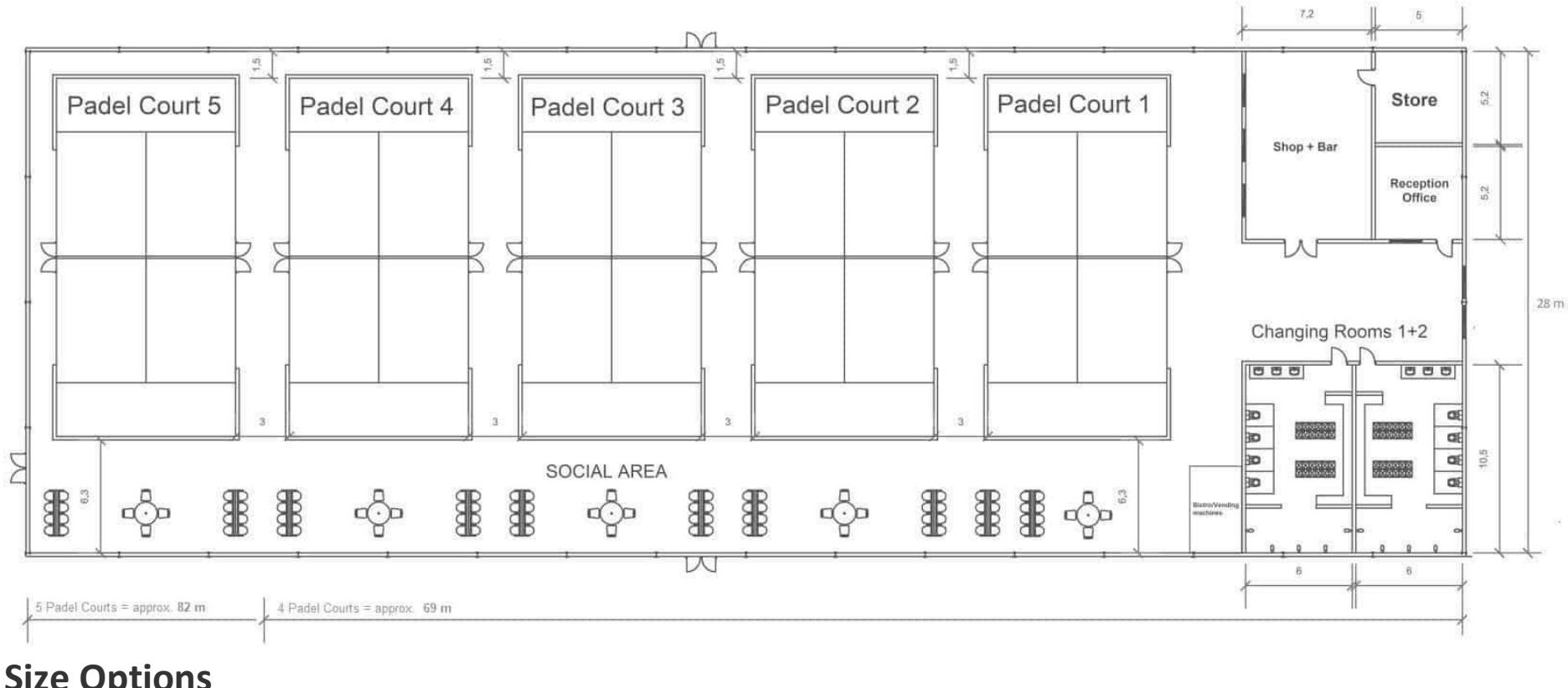 Conceptual indoor padel facility floor plan — five courts with shop, bar, reception, changing rooms and social area