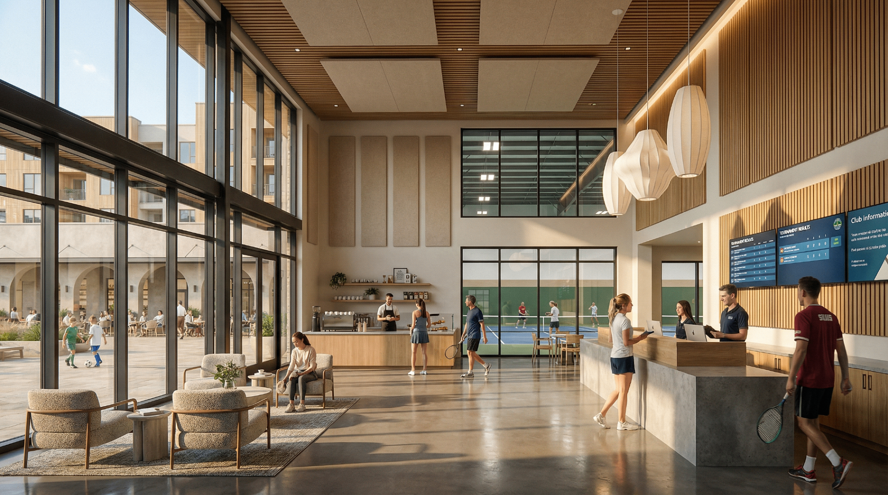 SilliS lobby and reception overlooking active courts