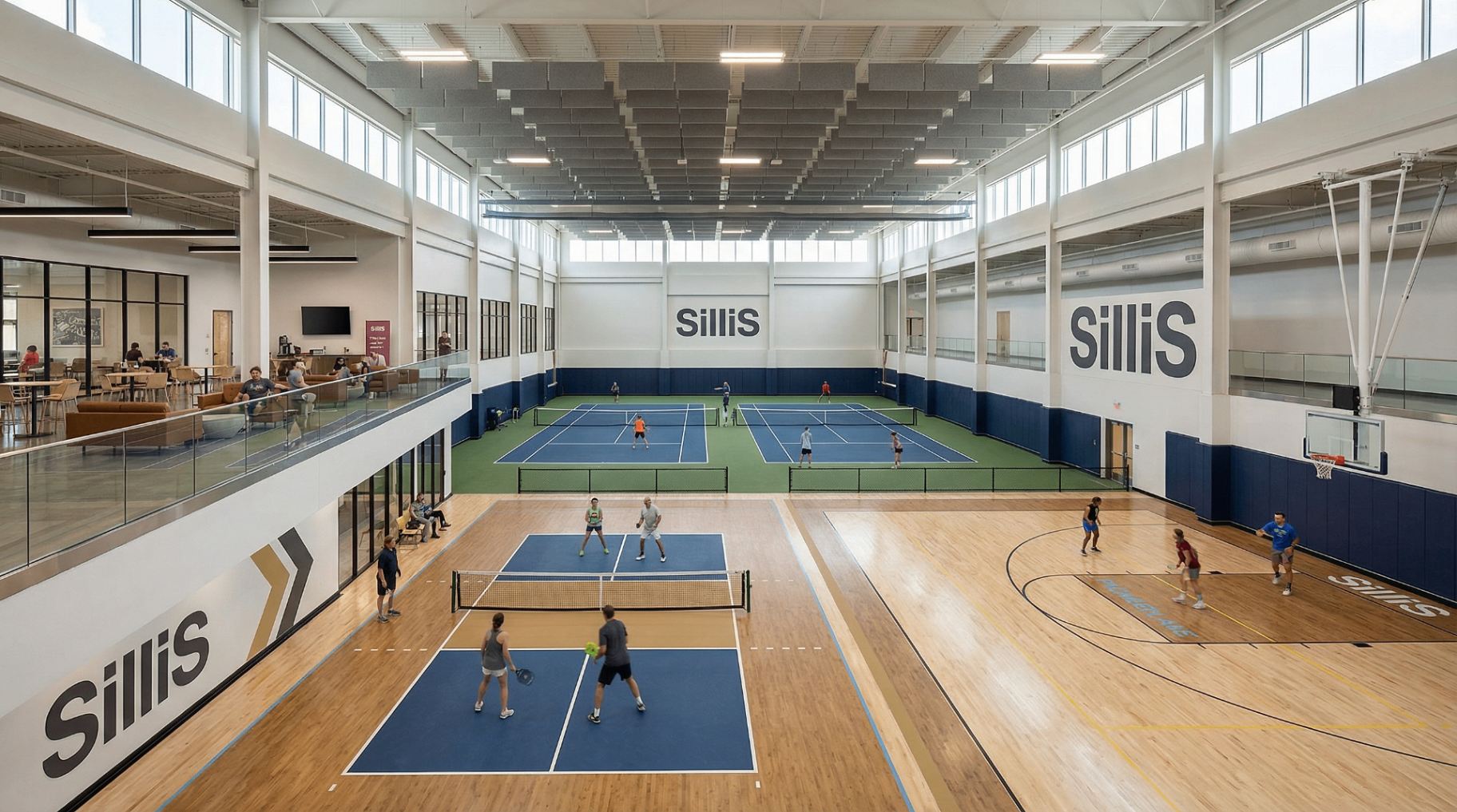 SilliS main indoor court hall with pickleball, tennis and basketball programming